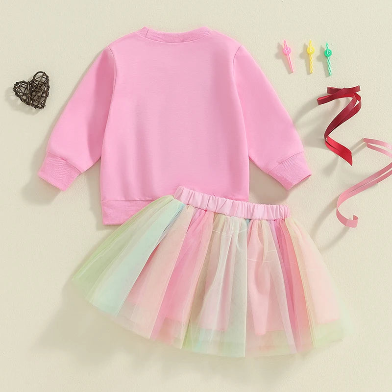 Autumn Kids Girls Outfit Long Sleeve Embroidery Letters Sweatshirt Tulle Skirt Birthday Casual Clothes