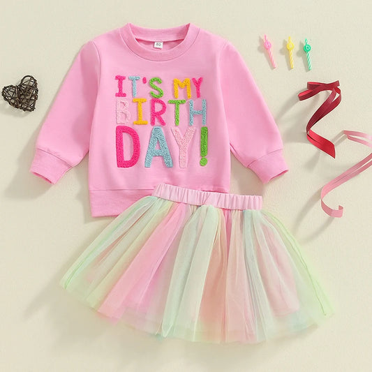 Autumn Kids Girls Outfit Long Sleeve Embroidery Letters Sweatshirt Tulle Skirt Birthday Casual Clothes