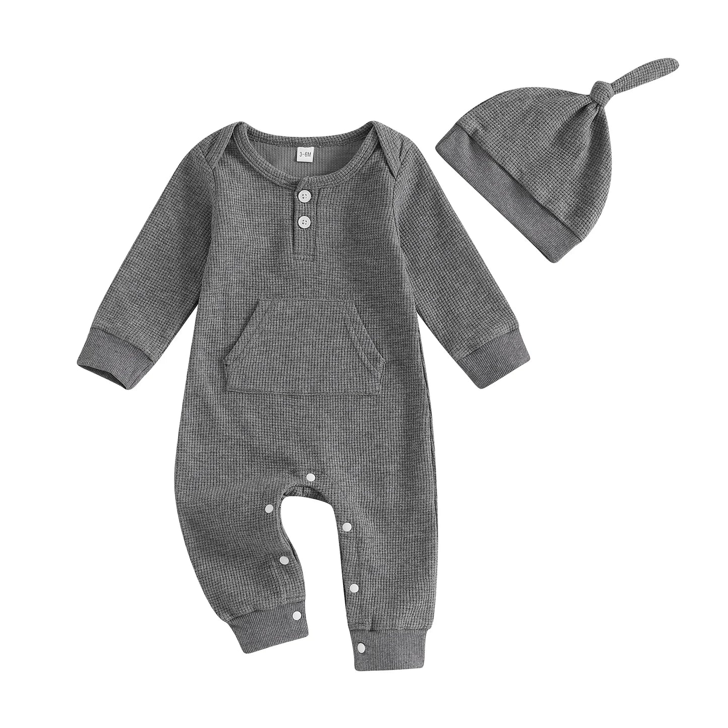 Infant Baby Boys Rompers Solid Color Waffle Buttons Long Sleeve Fall Jumpsuits Hat Casual Clothes