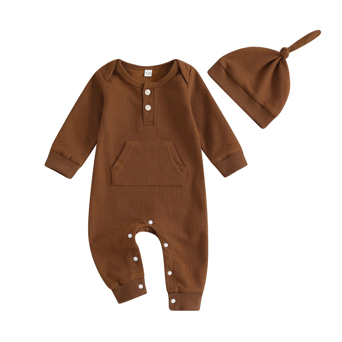 Infant Baby Boys Rompers Solid Color Waffle Buttons Long Sleeve Fall Jumpsuits Hat Casual Clothes