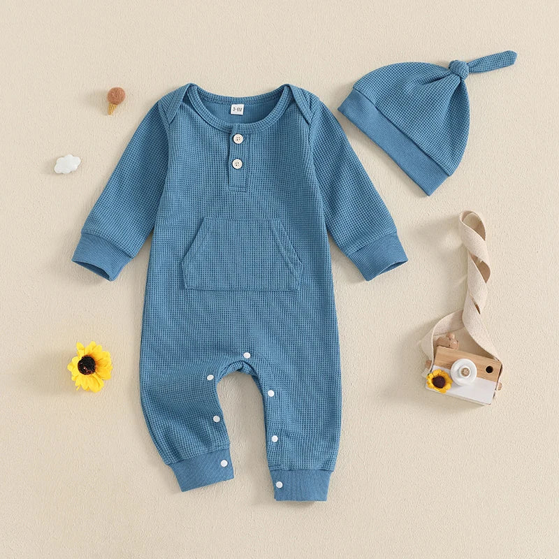 Infant Baby Boys Rompers Solid Color Waffle Buttons Long Sleeve Fall Jumpsuits Hat Casual Clothes