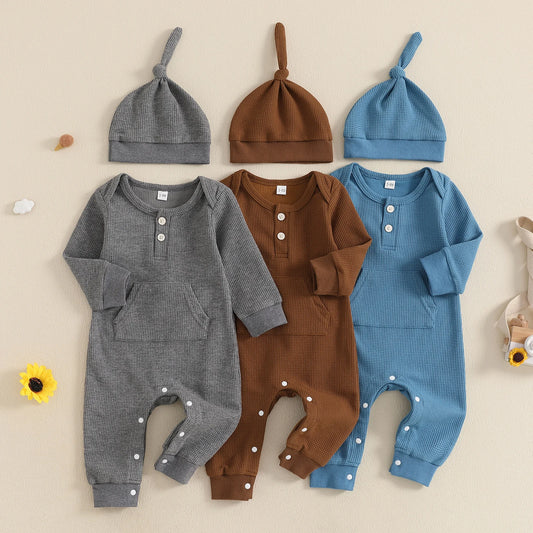 Infant Baby Boys Rompers Solid Color Waffle Buttons Long Sleeve Fall Jumpsuits Hat Casual Clothes