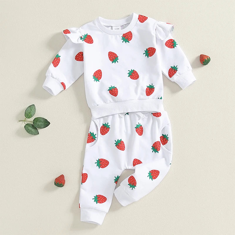 Autumn Toddler Baby Girls Outfit Fruit Print Long Sleeve Sweatshirt Elastic Waist Pants Fall Clothes