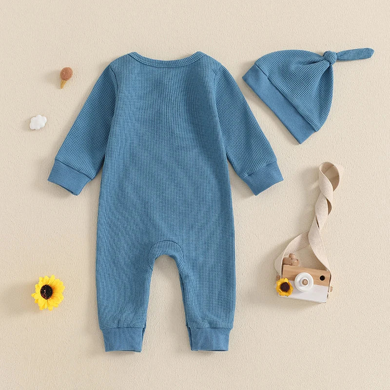 Infant Baby Boys Rompers Solid Color Waffle Buttons Long Sleeve Fall Jumpsuits Hat Casual Clothes