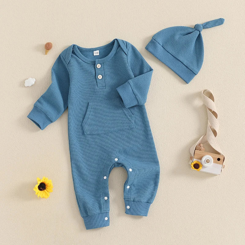 Infant Baby Boys Rompers Solid Color Waffle Buttons Long Sleeve Fall Jumpsuits Hat Casual Clothes